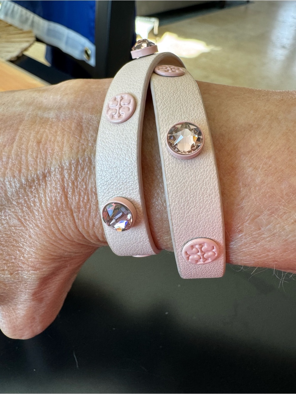 Tory Burch Pale Pink Double-Wrap Leather Bracelet with Pink Crystal Studs